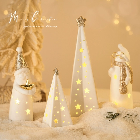 Figurines De Noël En Céramique LED Lumineuses Bonhomme De Neige Père Noël Pyramide Étoilée Blanc Or Décoration De Table Moderne Veilleuse