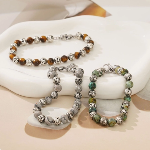 Natural Tiger Eye Stone Beads Bracelet Stainless Steel Lava Rock Map Stone Adjustable Chain Jewelry For Men Vintage Gift