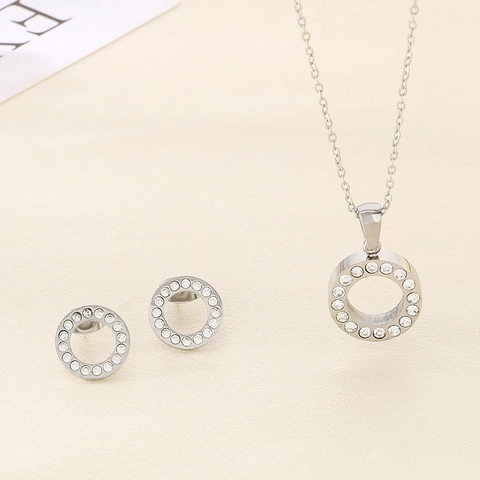 Stainless Steel Round Pendant Necklace And Stud Earrings For Women Minimalist Pave Rhinestone Circular Jewelry Fashion Jewelry Gift
