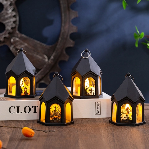 Halloween LED Lantern Portable Plastic Hanging Lamp For Party Decor With Skeleton Pumpkin Patterns