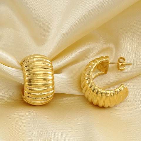 Chunky Ribbed Hoop Earrings For Women Stainless Steel 18K Gold Plated Vintage French Style C Shaped Croissant Jewelry