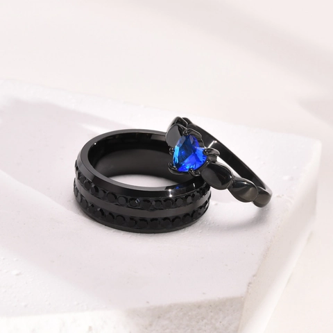 Heart Blue Cubic Zirconia Couple Rings Black Plated Stainless Steel Matching Promise Lovers Jewelry