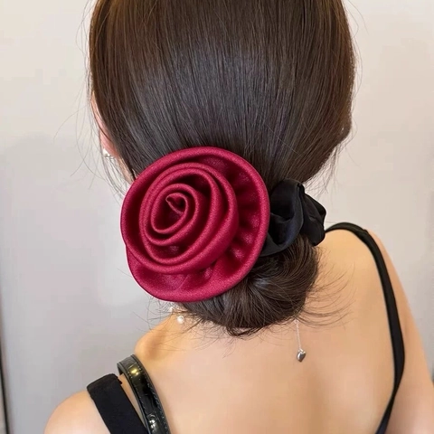 Satin Rosenblume Scrunchie Französisch Retro Elegant Große Stoff Haargummi Pferdeschwanz Halter Für Frauen Mode Accessoires
