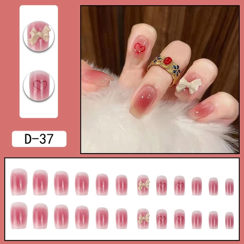 Ombre Pink Press On Nails With Resin Bow And Heart Design Square Round Sweet Style Artificial Fingernails