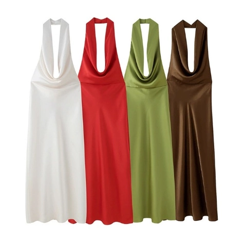 Halternek Satijnen Jurk Met Blote Rug Cowl Neck Midi Jurk Elegant Effen Kleur Avondfeest Dames