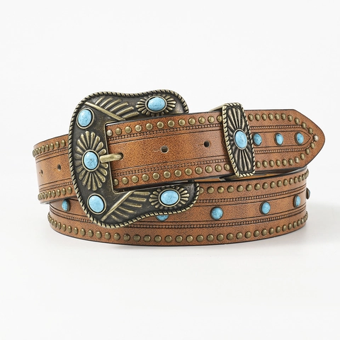 Cintura in Pelle PU Vintage Western Con Turchese E Rivetti Fibbia Incisa Boho Punk Cintura in Vita per Donna Uomo