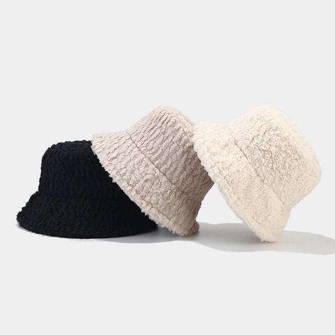 Sombrero De Pescador De Lana De Cordero Cálido De Invierno Para Mujer Color Sólido Felpa Espesada Cortavientos Casual