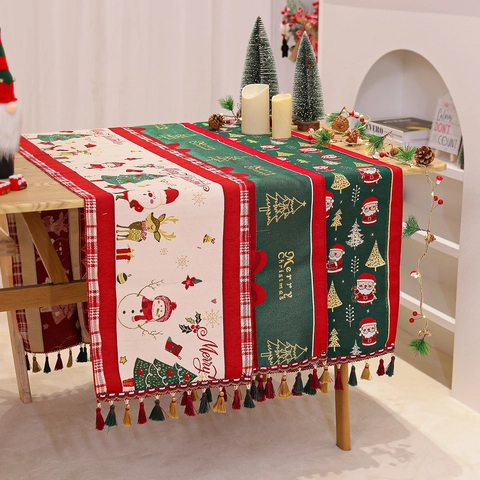Christmas Table Runner Chenille Jacquard Santa Snowman Print Tassels Holiday Dining Decor Festive Home Party