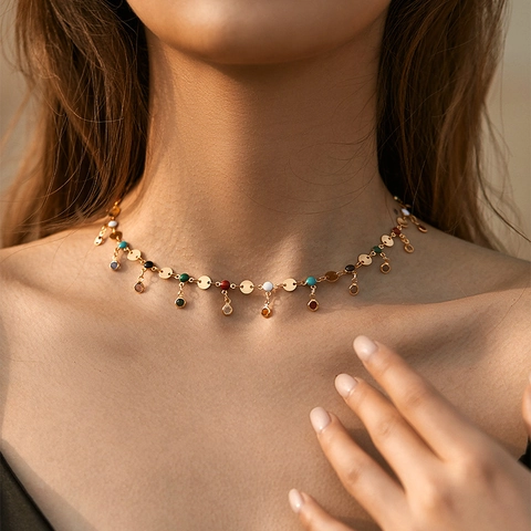 Boho 18K Vergoldete Kupfer Halskette Für Damen Mode Herz Böser Blick Delfin Anhänger Choker Bunte Emaille Strass Schmuck Geschenk