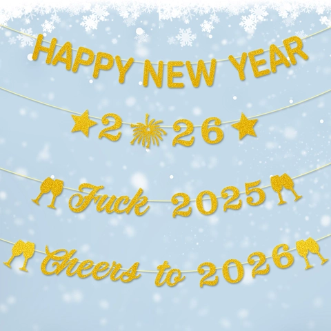 Banner Felice Anno Nuovo 2026 Decorazione Per Feste Carta Glitterata Oro Bandierine Appese Per Celebrazione Casa