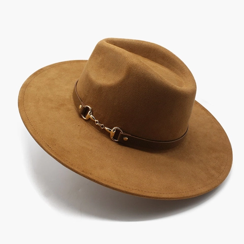 Cappello Fedora A Tesa Larga In Finta Pelle Scamosciata Feltro Stile Equestre Con Fascia In Pelle E Morsetto In Metallo