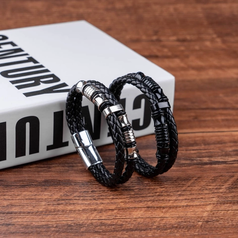 Men Braided Leather Bracelet Double Layer PU With Metal Beads Magnetic Clasp Fashion Jewelry Black Gold Silver