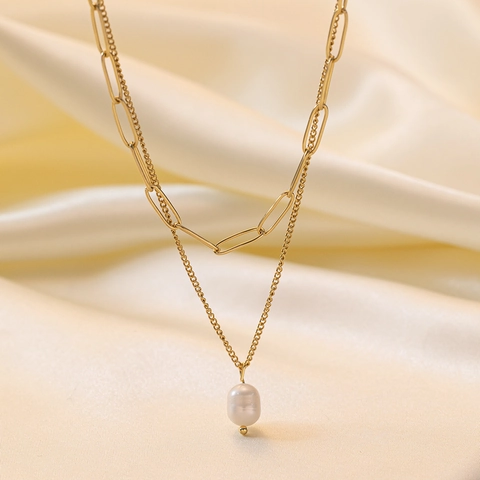 Layered Necklace For Women Elegant Gold Plated Stainless Steel With Artificial Pearl Pendant Minimalist Paperclip Chain Clavicle Jewelry