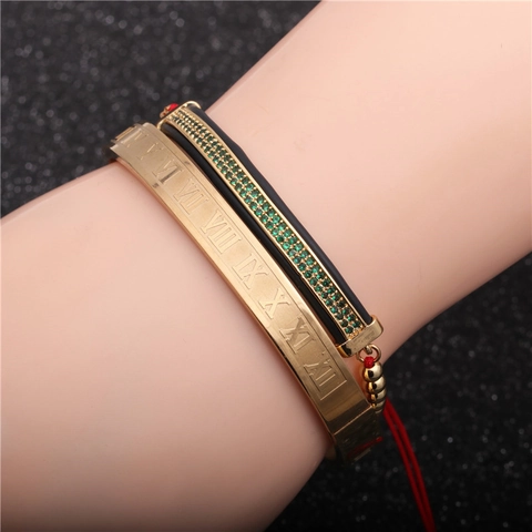 Bracciale Rigido In Acciaio Inossidabile Con Numeri Romani E Bracciale Intrecciato Con Zircone Verde Tubo Curvo Regolabile Per Uomo Donna