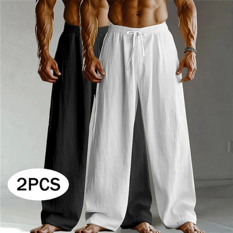 Men Casual Summer Breathable Linen Straight Leg Drawstring Bottoms Solid Color Cotton Linen Blend For Daily Outdoor Wear