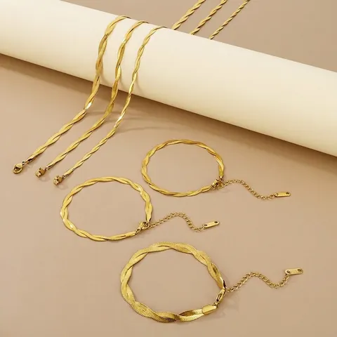 Set di Gioielli in Acciaio Inossidabile a Catena a Serpente a Spina di Pesce Intrecciata Minimalista per Donna Bracciale Collana Bicolore Oro Argento Accessorio Moda Regolabile