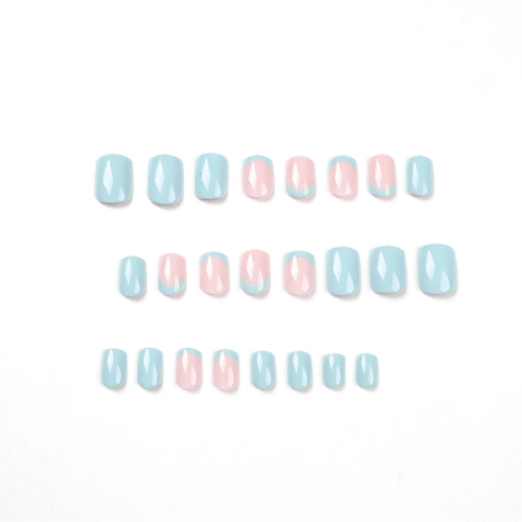 Unghie Finte Press On Stile Francese Corte Quadrate Tonde Macaron Blu Rosa Minimaliste Unghie Lucide Con Colla