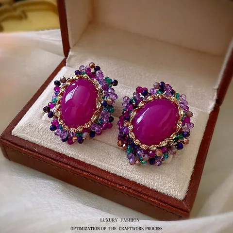 Vintage Oval Crystal Stud Earrings With Silver Earring Post Alloy Multi Color Beads Baroque Elegant Jewelry For Women