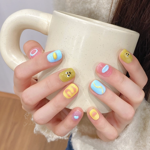 Handmade Press On Nails Resin 3D Embossed Cartoon Macaron Candy Color Sweet Glossy Full Cover Artificial Fake Nails