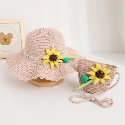Kids Sunflower Straw Hat And Bag Set Girls Summer Sun Protection Woven Beach Hat With Lace Ruffle Edge Flower Decorative Accessories