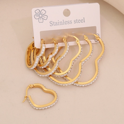 Stainless Steel Hoop Earrings Full Rhinestone Heart Star Geometric Shape Gold Plated Fashion Jewelry For Women