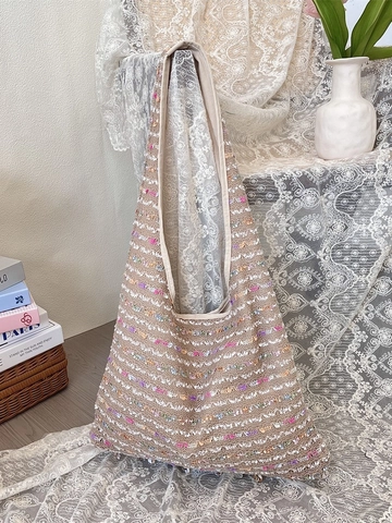 Bolso De Hombro De Punto Crochet Bohemio Gran Capacidad Tote Rayas Con Decoración Conchas Lentejuelas Mujeres Vacaciones