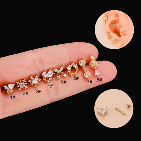 Boucles D'Oreilles Cartilage Acier Inoxydable Cuivre Zircon Cœur Nœud Papillon Piercing Tragus Helix Bijoux Femmes Mode