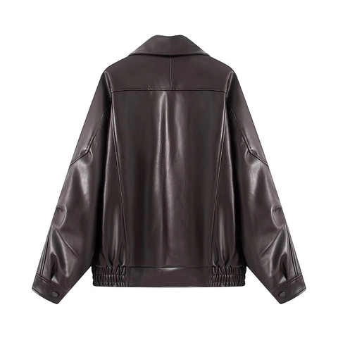 Damen Jacke Aus Kunstleder Locker Passend Drop Shoulder Moto Biker Stil PU Oberbekleidung Umlegekragen Langarm Braun