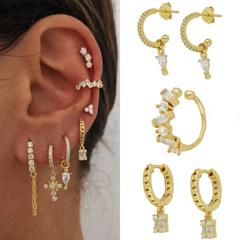 Orecchini In Rame Placcato Oro Zircone Scintillante Geometrici Croce Pera Pendenti Con Perno In Argento Donne Moda