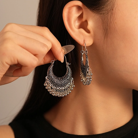 Vintage Bohemian Hollow Out Tassel Hoop Earrings Alloy With Silver Earring Post Ethnic Geometric Jewelry For Women
