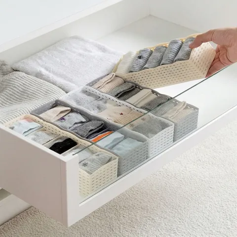 Schubladen Organizer Box Mit Fächern PP Kunststoff Geflochtene Textur Stapelbar Lagerbehälter Für Unterwäsche Socken