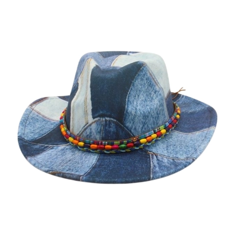 Cappello Fedora In Denim Patchwork Stile Cowboy Occidentale Bohemien Perline Colorate Tesa Larga Vintage Accessorio Sole