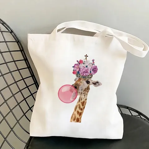 Artistic Giraffe Print Canvas Tote Bag Large Capacity Casual Shopping Watercolor Cartoon Style For Daily Student School