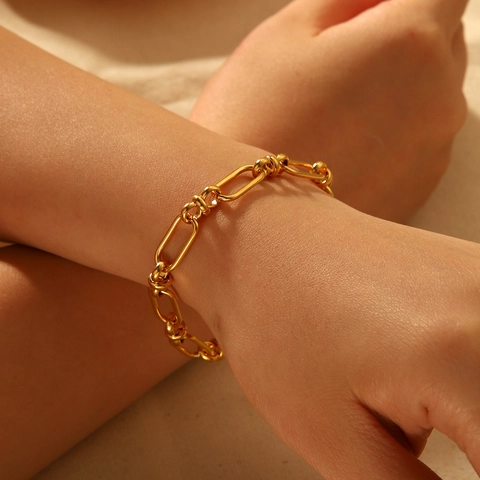 Pulsera De Cadena De Acero Inoxidable Bañado En Oro 18K Nudo Eslabón Ovalado Estilo Industrial Para Mujeres