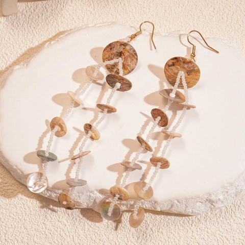 Pendientes Largos De Borla Con Concha Natural Y Cuentas De Vidrio Bohemio Redondo Geométrico Joyería Para Mujeres