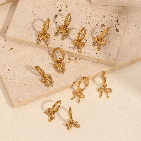 Orecchini A Cerchio Con Fiocco In Zirconia Per Donna Acciaio Inossidabile Placcato Oro 18K Gioielli Di Lusso