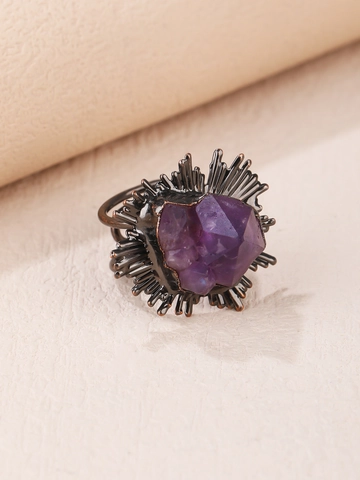 Vintage Natural Amethyst Ring Purple Crystal Copper Sunburst Setting Adjustable Open Band Gothic Bohemian Jewelry Women