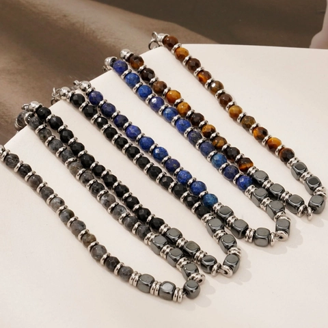 Pulsera Cuentas Piedra Natural Ojo De Tigre Ágata Lapislázuli Cierre Acero Inoxidable Hematita Para Hombres Unisex