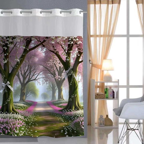 Waterproof Shower Curtain Polyester Waffle Weave 3D Digital Print Landscape Nature Cherry Blossom Decor Bathroom