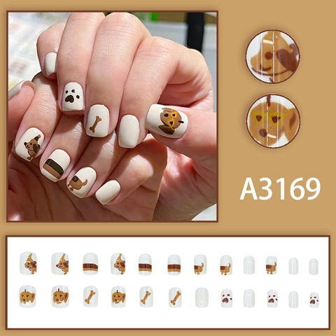Press On Nails Cartoon Dog Pattern Short Square Full Cover Artificial Nails Cute Sweet Style DIY Manicure For Women