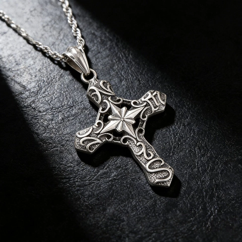 Gothic Cross Pendant Necklace Stainless Steel Vintage Carved Octagram Star Retro Punk Style Twist Rope Chain