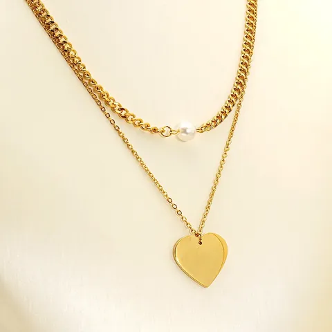 Collana Strati Acciaio Inossidabile 304 Placcato Oro 18K Pendente Cuore Perla Artificial Bianca Catena Clavicicola Donna Elegante
