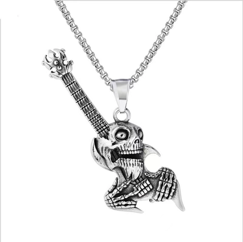 Punk Retro Totenkopf Gitarre Anhänger Halskette Für Männer Edelstahl Legierung Rock Gothic Schmuck Geschenk Silberfarben Zubehör