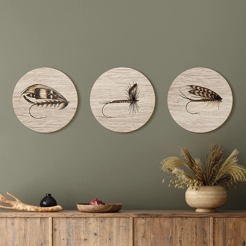 Runde Wandkunst Aus Holz Pappelholz Hängeplakette Vintage Fliegenfischen Muster Bauernhaus Kabine Heim Ästhetik