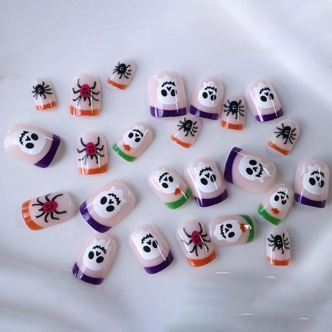 Halloween Press On Nails ABS Short Square Skull Spider Pattern French Style Purple Orange Green False Nails For Women Festive Party