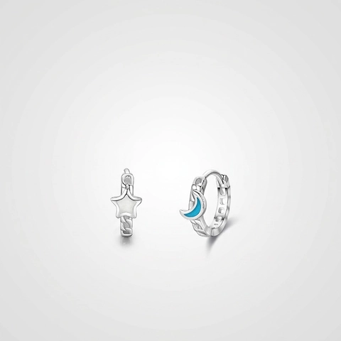 Orecchini A Cerchio Asimmetrici Stella E Luna In Argento Sterling 925 Con Smalto Blu Da Donna