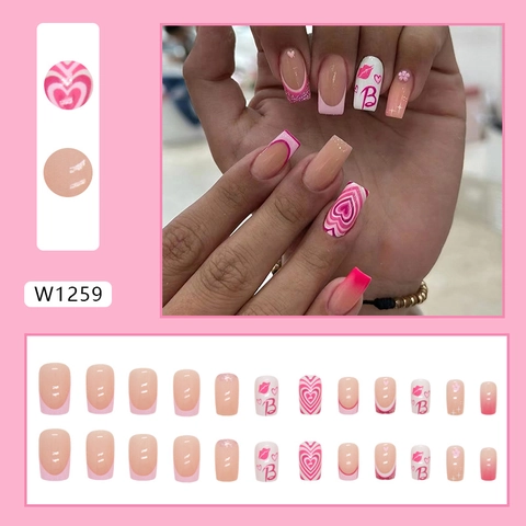 Pink Heart French Press On Nails Square Long Length False Nail Tips Sweet Trendy Manicure Art For Women