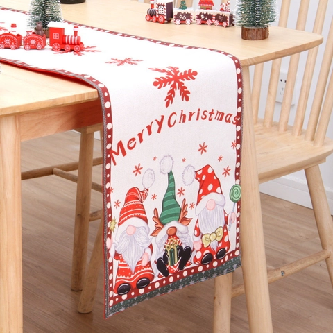 Christmas Table Runner Cotton Linen Double Layer Printed Snowflake Gnome Santa Pattern Holiday Dining Table Decoration Home Decor