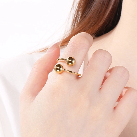 Bague Ouverte Minimaliste Double Boule Acier Inoxydable Plaqué Or 18K Ajustable Géométrique Bijoux Mode Pour Femmes