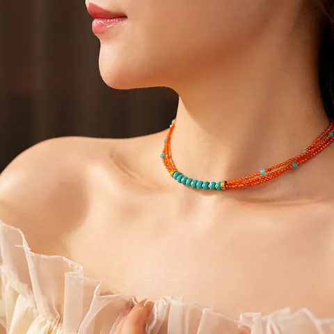 Collana Di Perline Multistrato Vintage Bohémien Arancione Blu Vetro Pietra Rame Stile Etnico Catena Per Clavicvola Gioielli Donna